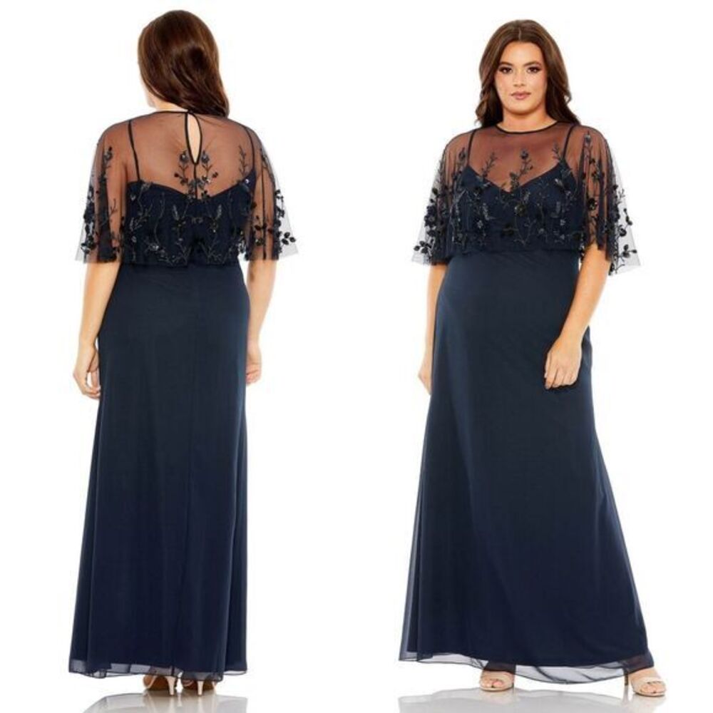 Mac Duggal NEW Navy Sleeveless Chiffon Gown With Embellished Cape - Size 18W